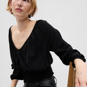 Gap Black Button-Front Smocked Hem Top XL NWT